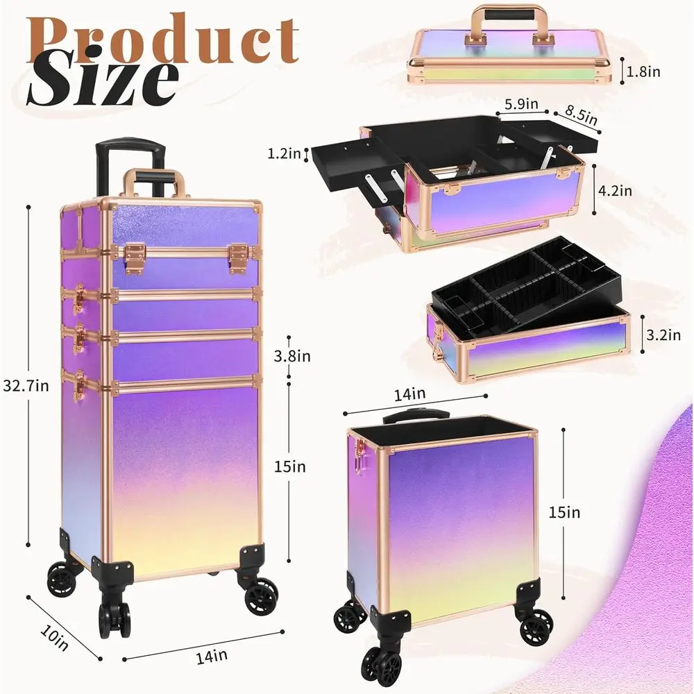 Estojo de trem de maquiagem rolante com tampa, estojo de cosmetologia 5 em 1 sobre rodas, grande organizador de carrinho de cosméticos para viagem para cabeleireiro A