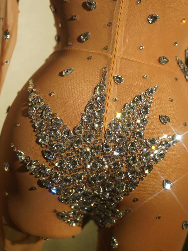 Женский прозрачный комбинезон со стразами и кристаллами, с длинным рукавом для ночного клуба, выпускного вечера, певицы, джаза, gogo, танцевальный костюм, костюм трансвестита