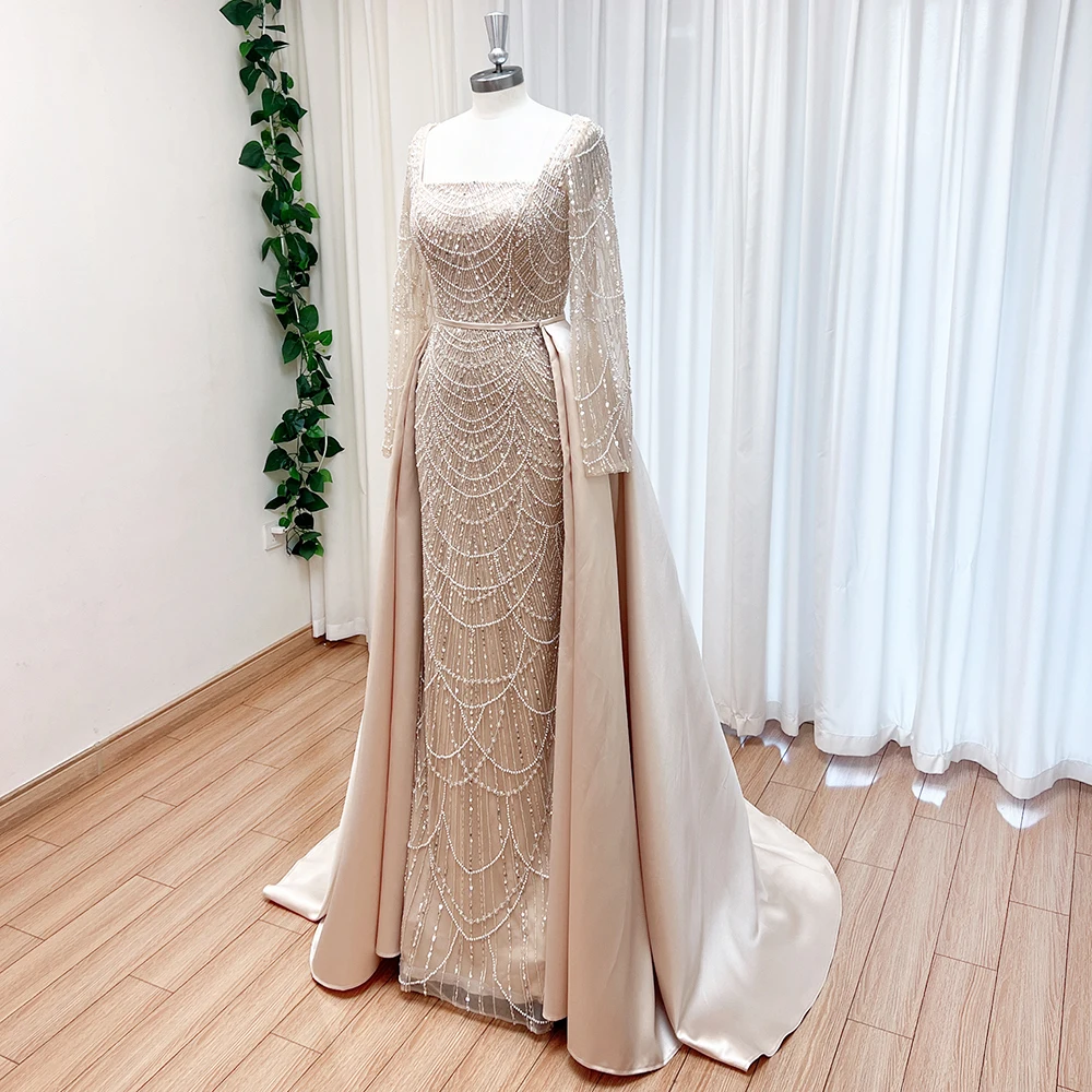 Elegant Pearl Evening Dress for Women with Detachable Skirt Luxury Arabia Long Sleeves Formal Prom Wedding Party Gown Customized image 2