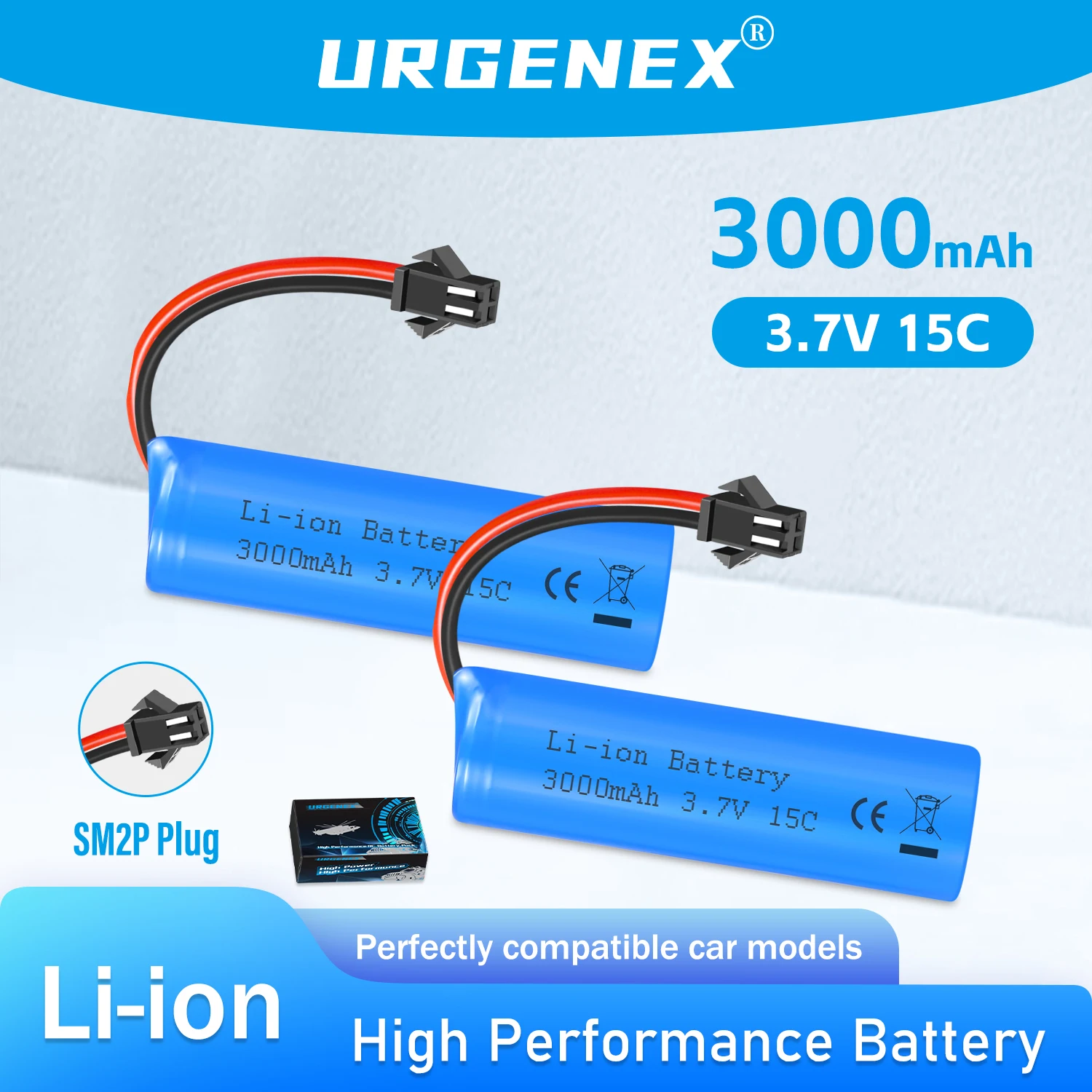 URGNEX 3.7V 3000mAh Li-ion Battery High Capacity 15C High Discharge Rate RC Batteries with SM-2P Plug Fit for RC Car Drift Monst