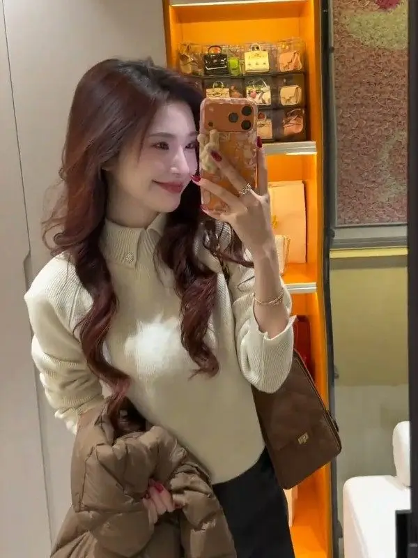 

Женская облегающая вязаная базовая кофта с воротником-стойкой, осенне-зимний трикотажный топ в корейском стиле, модный укороченный фасон