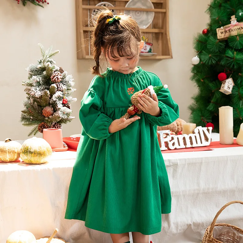 New Embroidered Cartoon Cute Solid Color Long Sleeved Dress for Girls In Autumn and Winter Christmas School Party Princess Dress