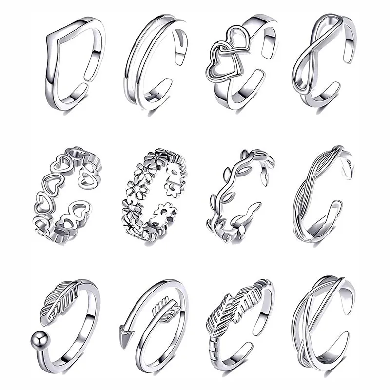 12-piece Set Silver Color Toe Ring Beach Party Gold Color Flower Arrow Heart Toes Rings For Women Jewelry 2025 Trending New Gift