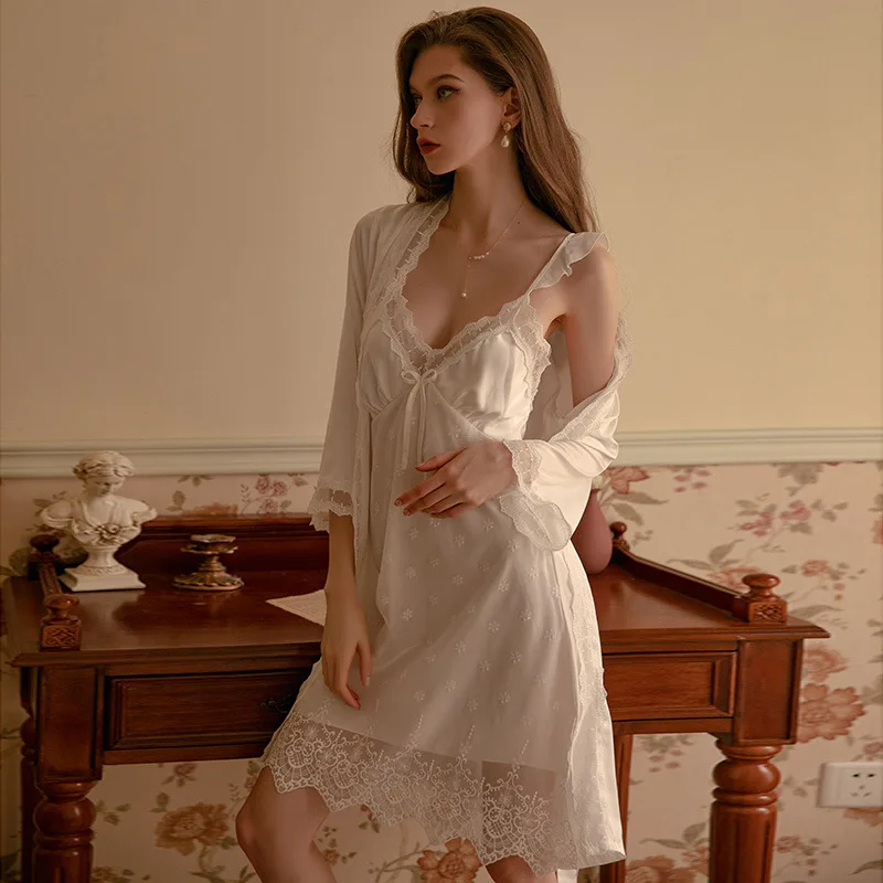 Satin Wedding Sleepwear Lace Patchwork Two Pieces Robe Set Sexy Female Bathrobe Nightgown Casual Rayon Home Dress Lounge Wear