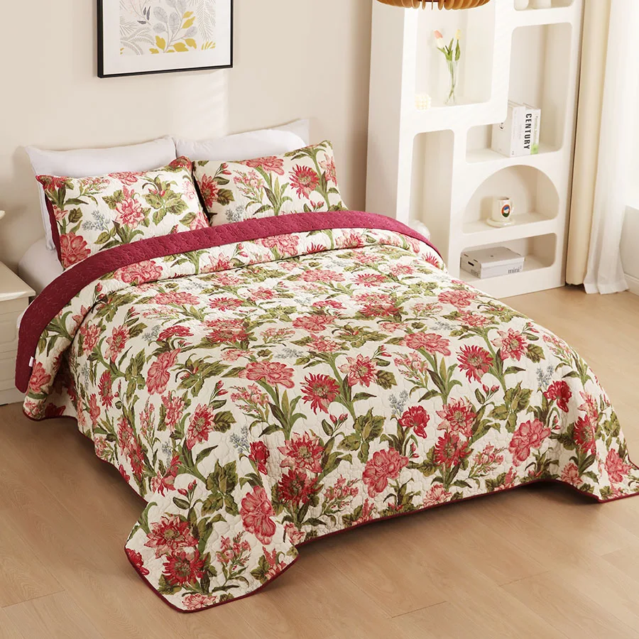 Imagem -02 - Conjunto de Colcha de Algodão Floral Chausub Colcha na Cama Cobertor Acolchoado Cobertor Fino Queen Size Verão Peças