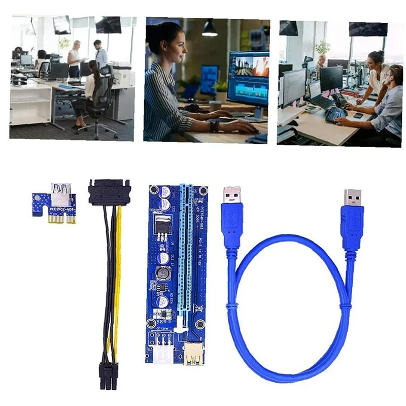 3Pcs PCI-E 1X To 16X Enhanced Powered Riser Adapter Card Blue VER009S Adapter Cable