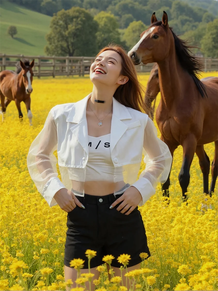 Sonnenschutz, verkürzte, durchsichtige Blazer mit Rückenschlitz für Damen mit Designs, Kleidung für Damen, hochwertige Wollmischung, gelbe Baumwolle, OL-Rosa