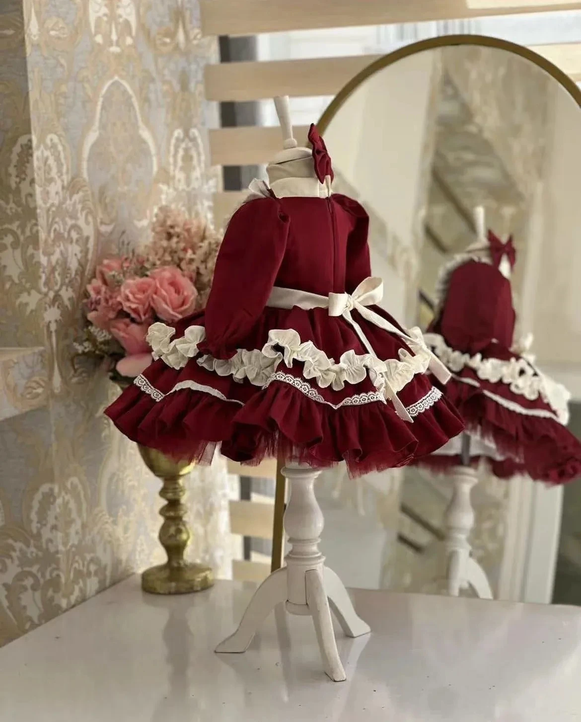 0-12Y Baby Girl Spring Burgandy Turkish Vintage Princess Dress for Birthday Holiday Easter Photography Eid