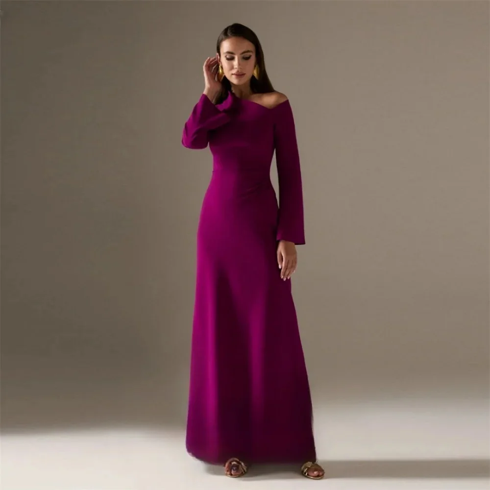 

Elegant Mermaid Simple Evening Dress Customized Asymmetrical Neck Long Sleeves Jersey Party Dress Ankle-Length Prom Gown