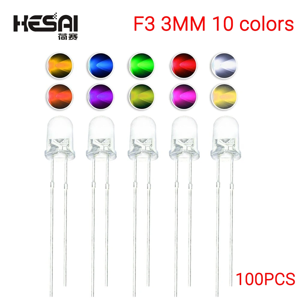 100PCS/lot F3 3MM 10 colors Round Green/Yellow/Blue/White/Red/Warm White/Orange/Purple/Pink/Yellow Green LED Light Diode Kit