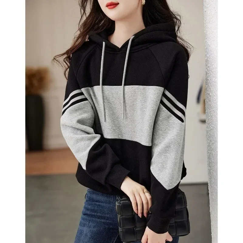 المرأة الخريف موضة البساطة مخطط كم طويل هوديس ملابس حريمي الكورية عادية كل مباراة مزاجه أنيقة القمم