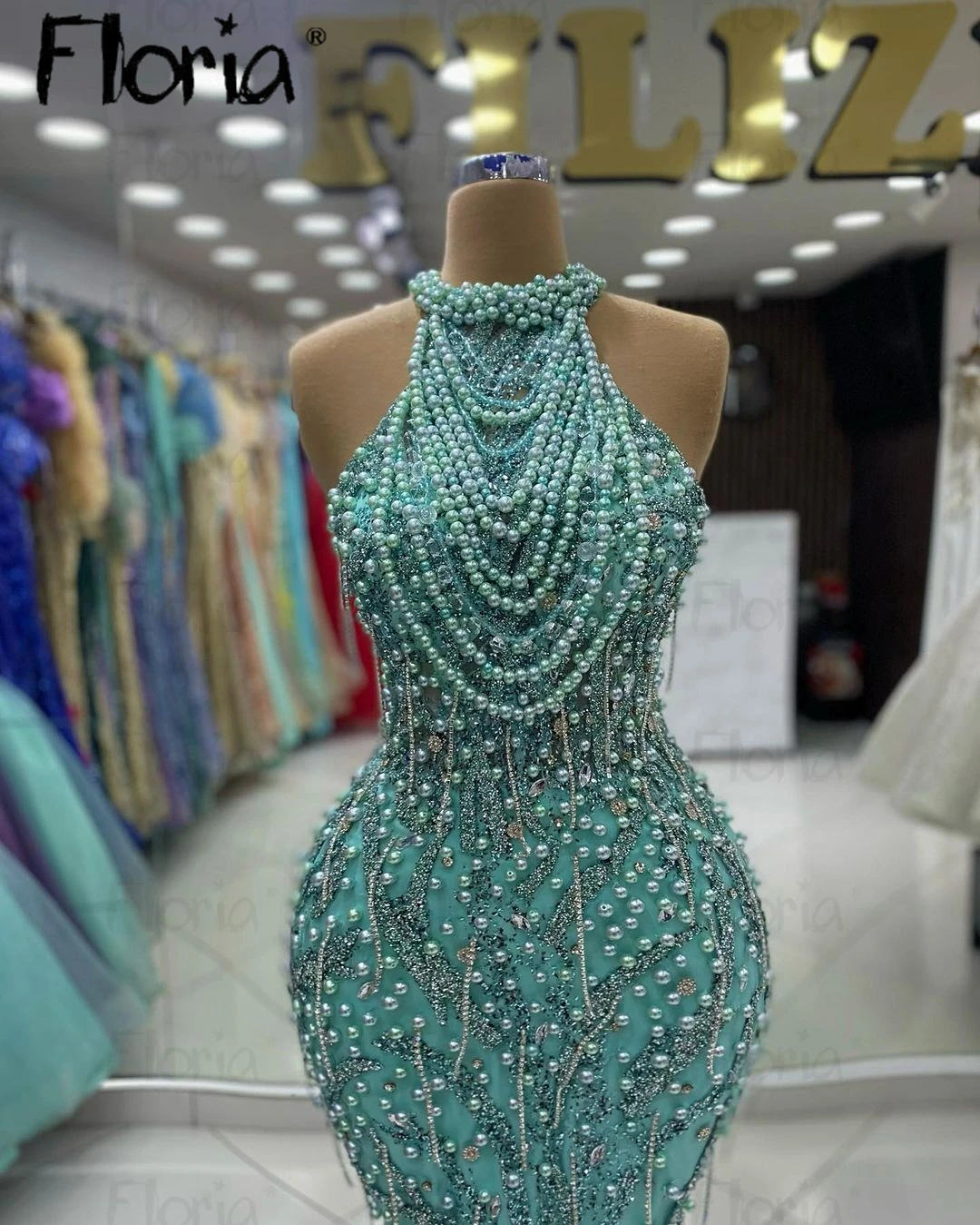 Sem mangas Full Pearls Halter Vestidos de festa, Vestidos de casamento, Beading Vestidos, Verde Menta, Ocasião Formal