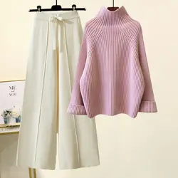 Autumn Winter Casual Loose Solid Sweater Wide Leg Pants Two Piece Set Women Daily Joker Knit Top Trousers Outfits Falls Knitwear