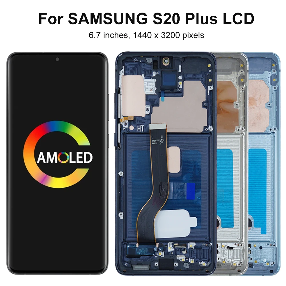 S20 Plus Super AMOLED Screen Assembly for Samsung Galaxy S20+ G985 G985F G985F/DS LCD Display Touch Screen Digitizer with Frame