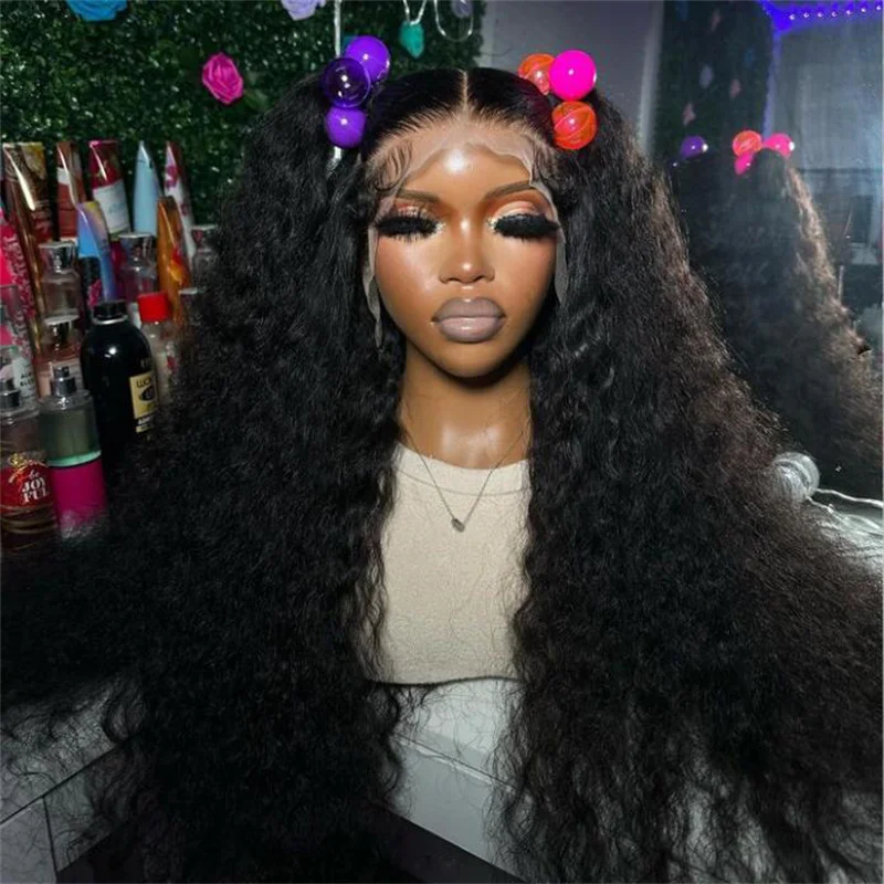 

26Inch 180Density Soft Natural Black Long Kinky Curly Lace Front Wig For Women BabyHair Heat Resistant Preplucked Daily Glueless