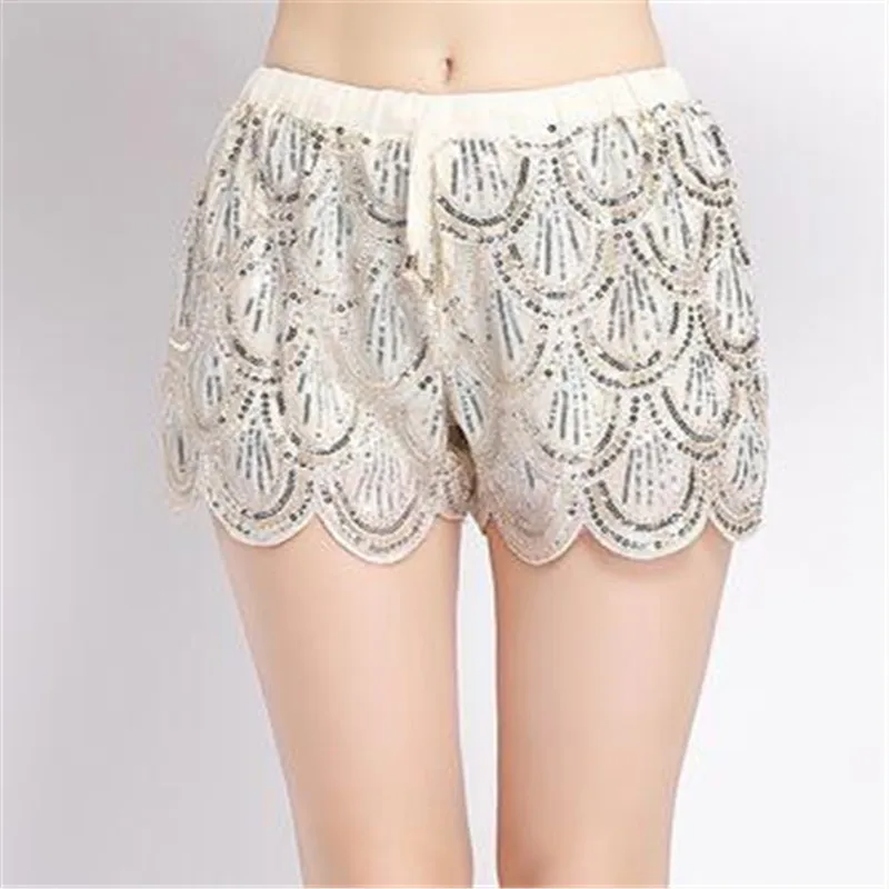 

bead work chiffon shorts women bling bling gold short pants woman silver gold sequined shorts