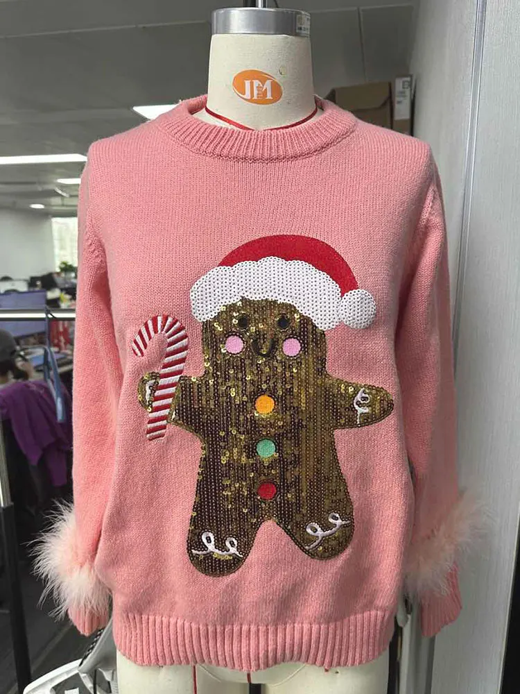 Cute Gingerbread Man Christmas Sequined Sweater