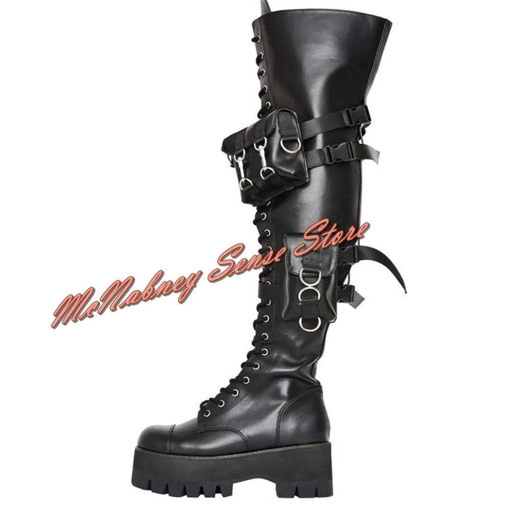 

Muffin Platform Pocket Boots Wallet Bag Tooling Rider Boots Long Lace Up Motorcycle Shoes Knee High Chunky Heels Winter Banquet