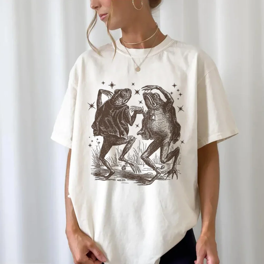 Harajuku retro 90s feminino simples estilo casual camiseta de manga curta impressa camiseta moda feminina sapo padrão camiseta