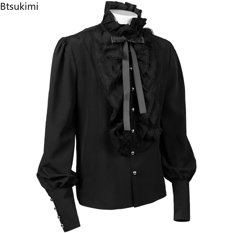 Men's Fashion Retro Gothic Shirts And Blouses Victorian Medieval Ruffle Pirate Puff Sleeve Solid Black Tops Shirt Men Clothing - view 3