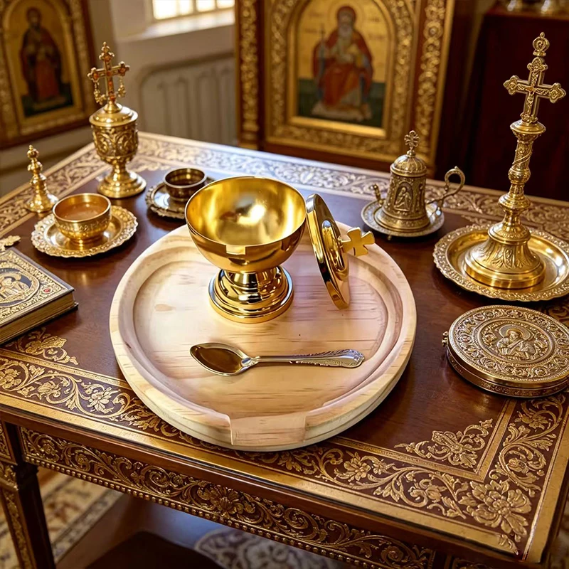 Orthodox Altar Set Gold Metal Holy Oil Jar with Spoon Wood Tray Liturgical Chalice Ciborium Byzantine Church Supplies Gift
