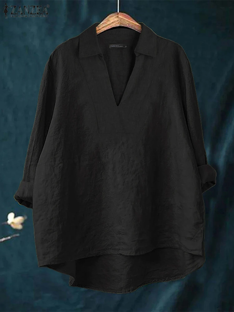 ZANZEA 2025 Jesień Damskie Bluzki High-Low Luźny Dekolt w Serek Długi Rękaw Bawełna Len Modne Bluzki Damskie Codzienne Casualowe Gładkie Topy