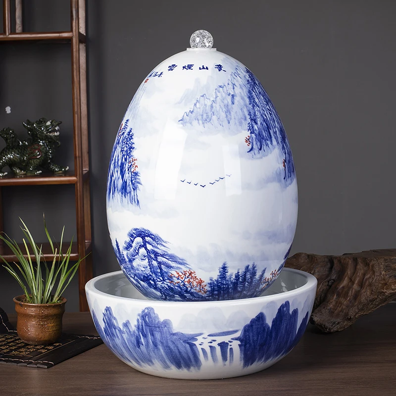 JingDeZhen Crystal Ball Water Fountain 52cm Large Hand-painted Ceramics Tall Runing Water Landscape Scenery Home Decor Ornaments