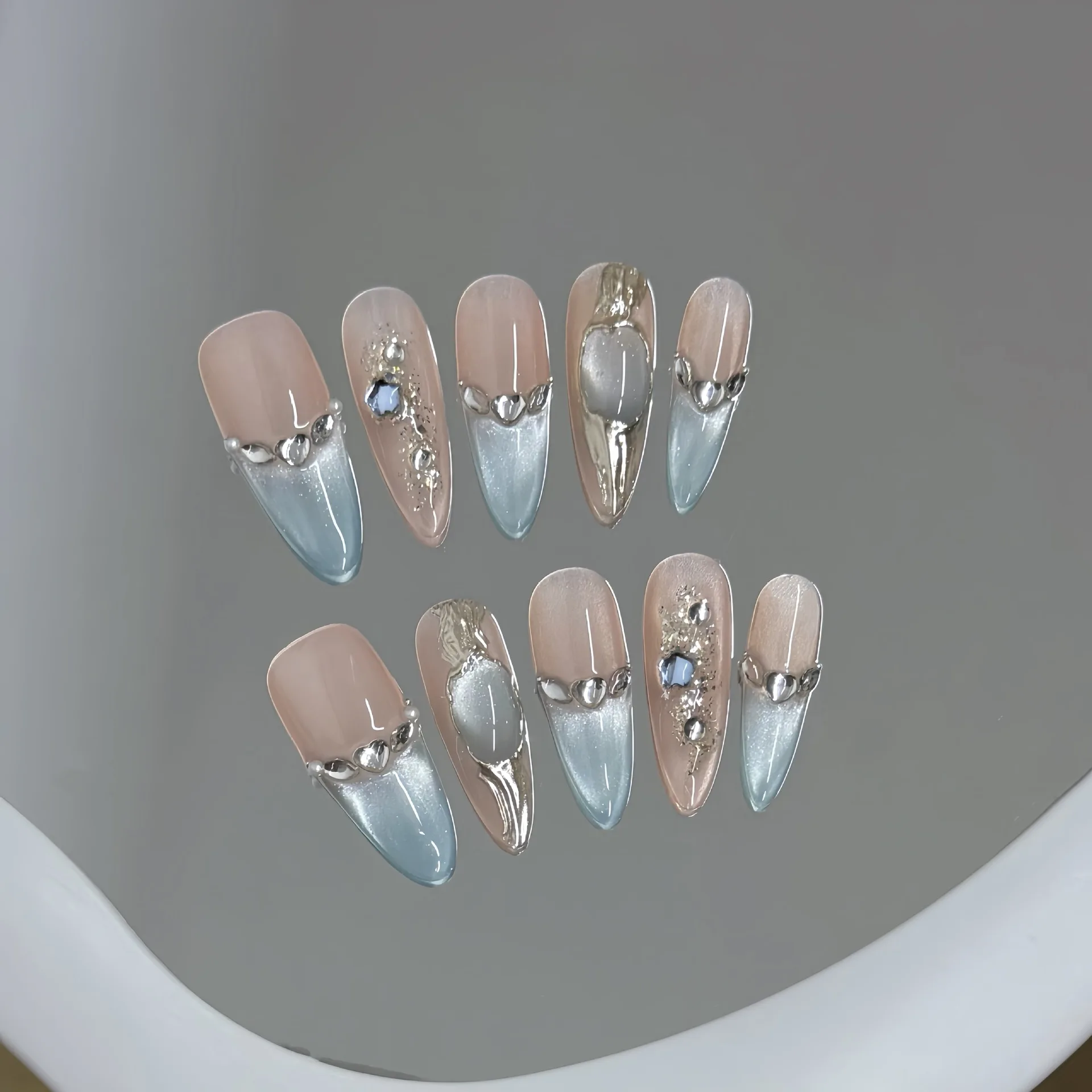 

10pcs Handmade Blue Cat Eye Press on Nails with Glitter Diamond Design Fake Nails Wearable Detachable Sweet Almond False Nails