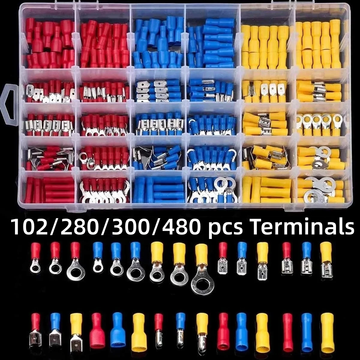 102/280/300/480 stuks uitgebreide elektrische terminalkit - duurzame geïsoleerde spade-, ring-, vork- en stootconnectoren - efficiënte draad of