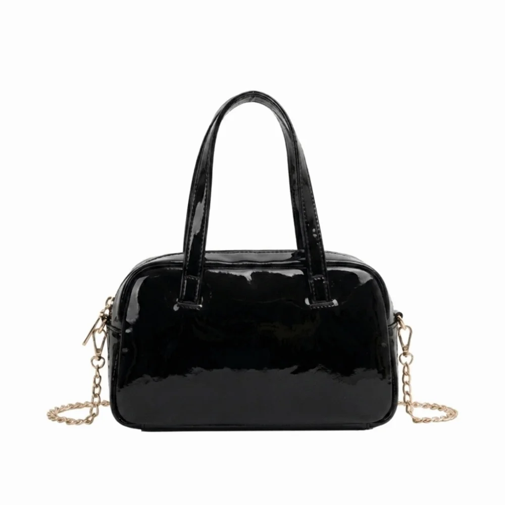 Metallic Faux Leather Boston Bag Mini Size Detachable Chain Strap Shoulder Bag Solid Color Double Top Handle Crossbody Bag