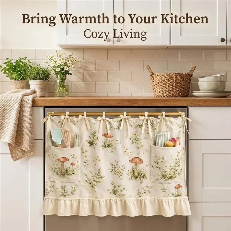 ABDJ-Kitchen Decor,For Dishwasher Oven Skirt Curtains With Pockets, Modern Farmhouse Style For Door