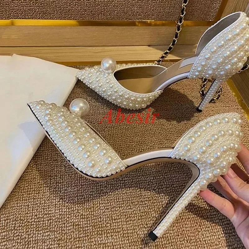 

Luxury Wedding Bridal Pearl Shoes Pointed Toe Dress Stilettos Rhinestone Buckle High Heels Party Ball Easter Summer