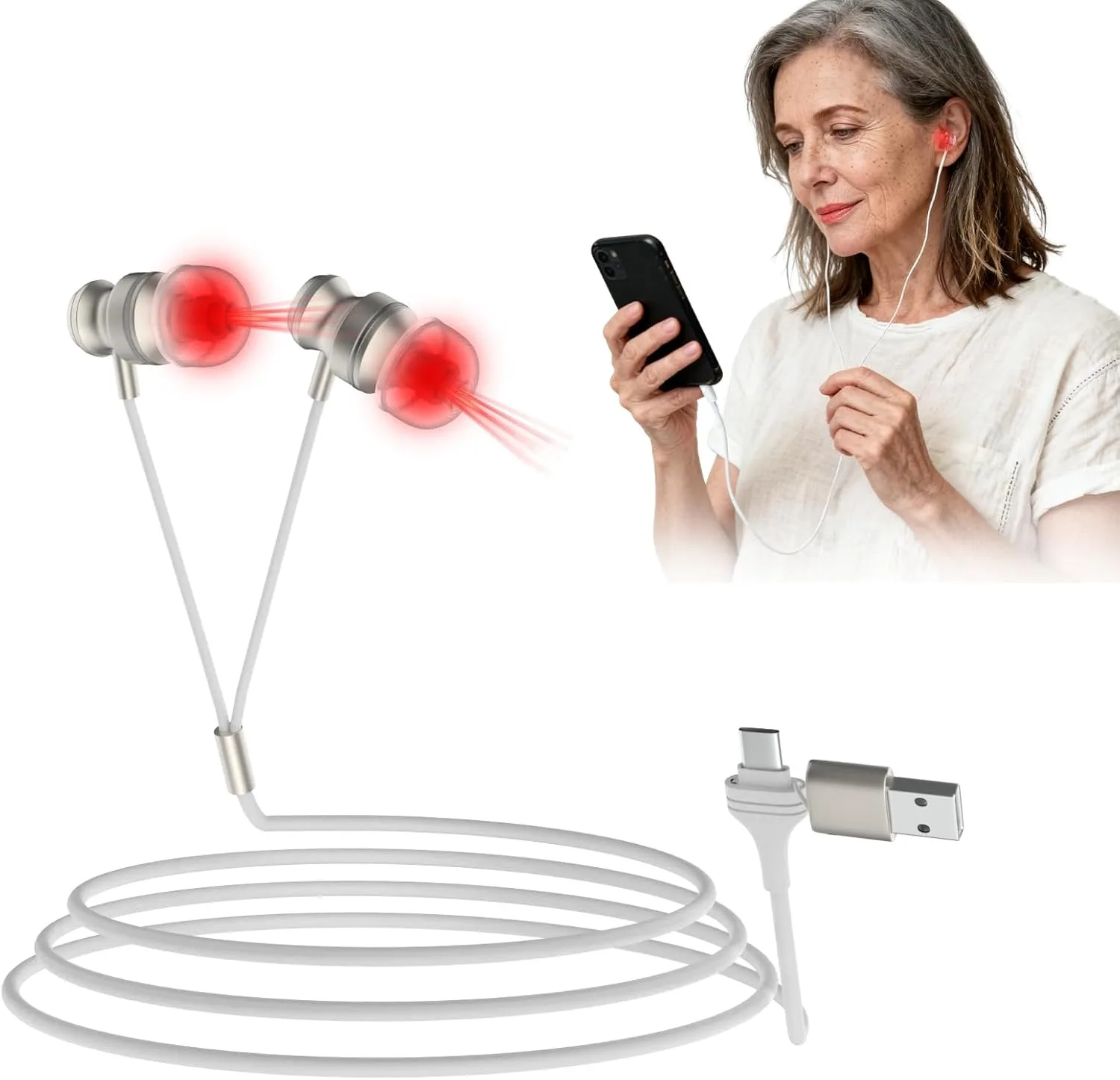 Ohr-Laser-Irradiator für Otitis 650nm Rotlichttherapie zur Reduzierung von Tinnitus & Mittelohrentzündung mit Aufbewahrungsbox, 2 Ohrkanal-Silikonabdeckungen