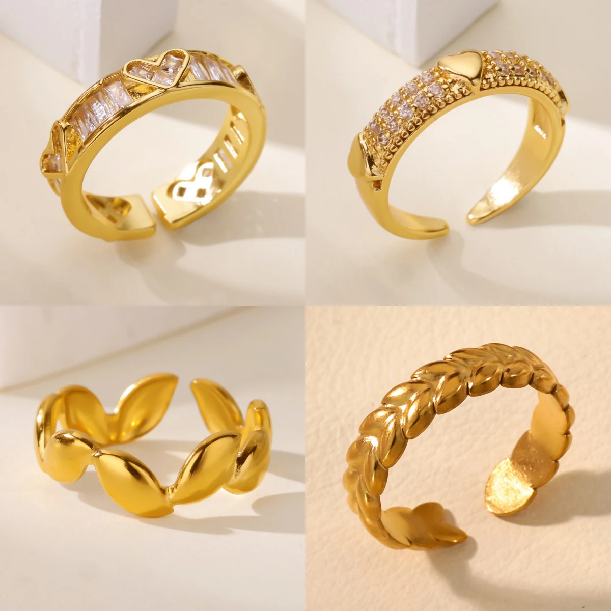 

Luxury Zircon Leaf Heart Rings For Women Stainless Steel Gold Color Geometric Open Ring 2025 New Fashion Wedding Couple Jewelry