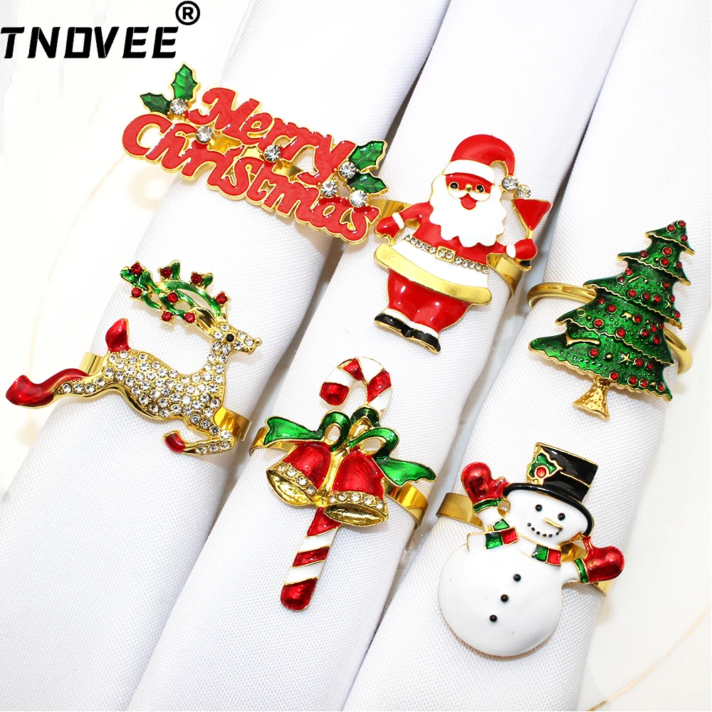 6Pcs Christmas Napkin Rings Set Xmas Elk Candy Cane Santa Claus Tree Snowman Napkin Holder for Wedding Holiday Party Table Deco