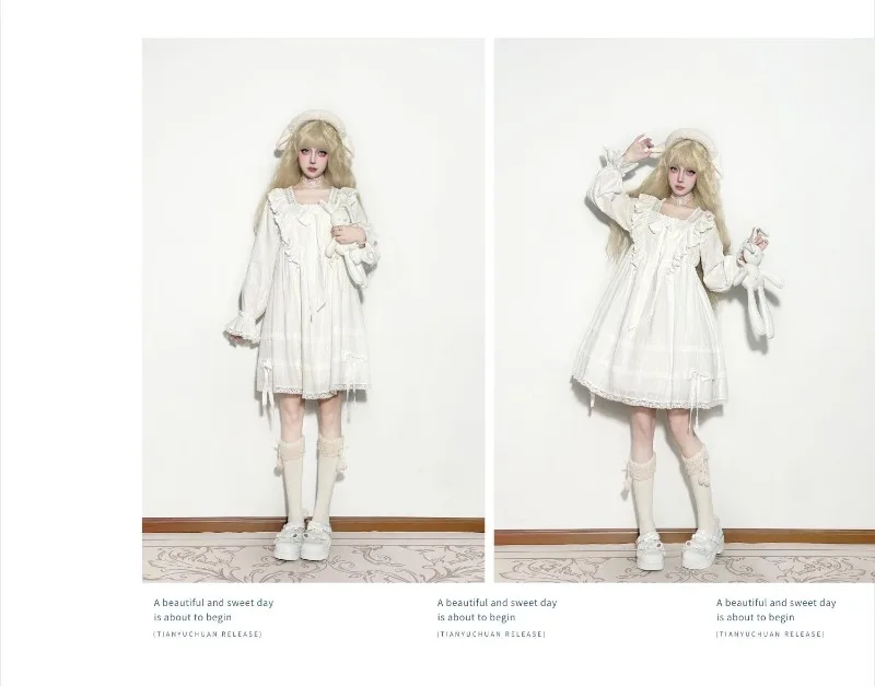 2026 new Lolita Dress Women White Princess Style Lace Trim Bow Nightdress Wearable Outside Lace Trim Gothic Lolita Dress