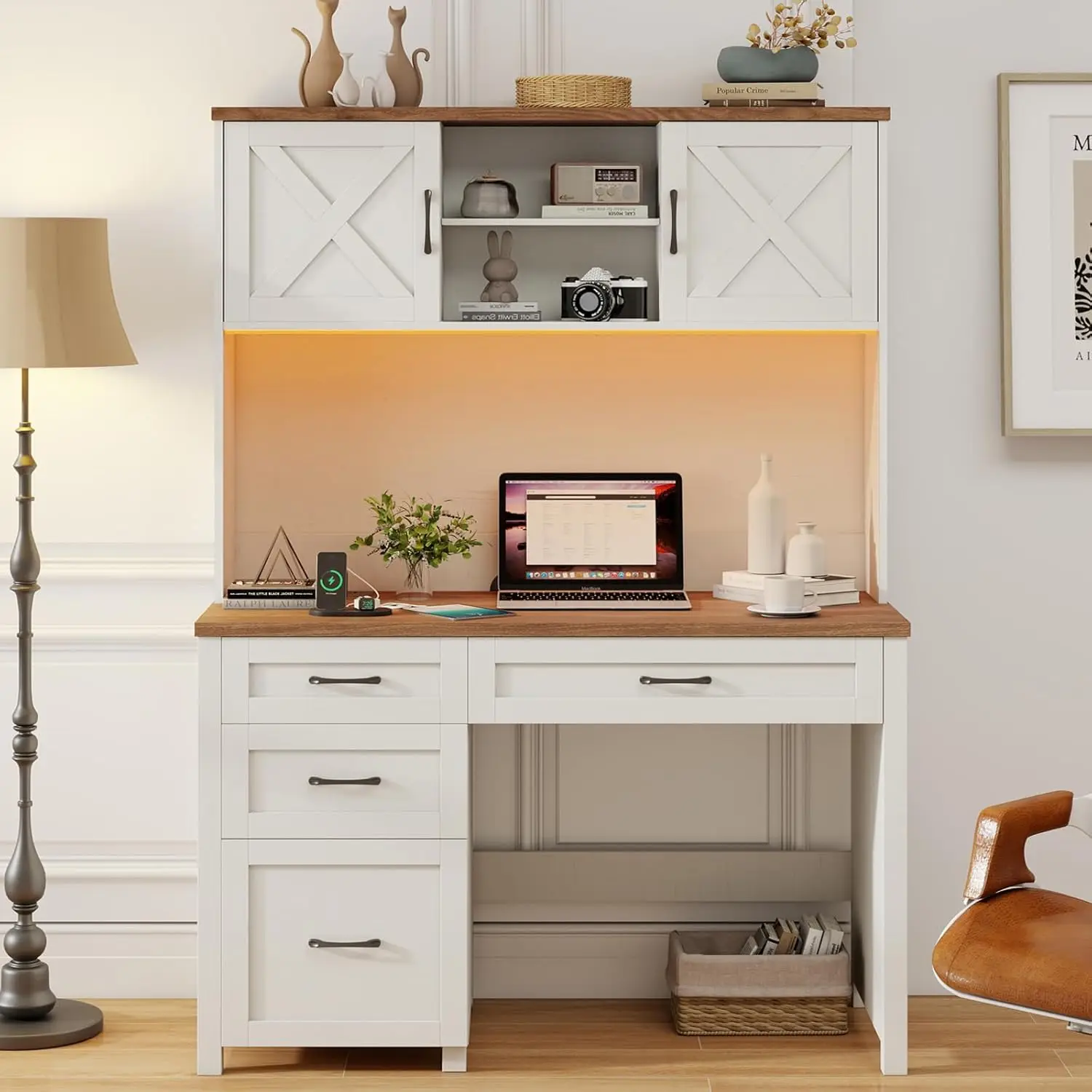 

Farmhouse 67"" H Executive Desk With Hutch,Office Table With 4 Drawers And Led Light, Computer Desk With Storage Cabinet & File