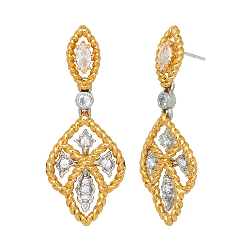 

AETEEY Vintage Rhombus Imported Zircon 925 Silver Needle Copper Plated 18K Gold Drop Earrings, Exquisite Hollow Design