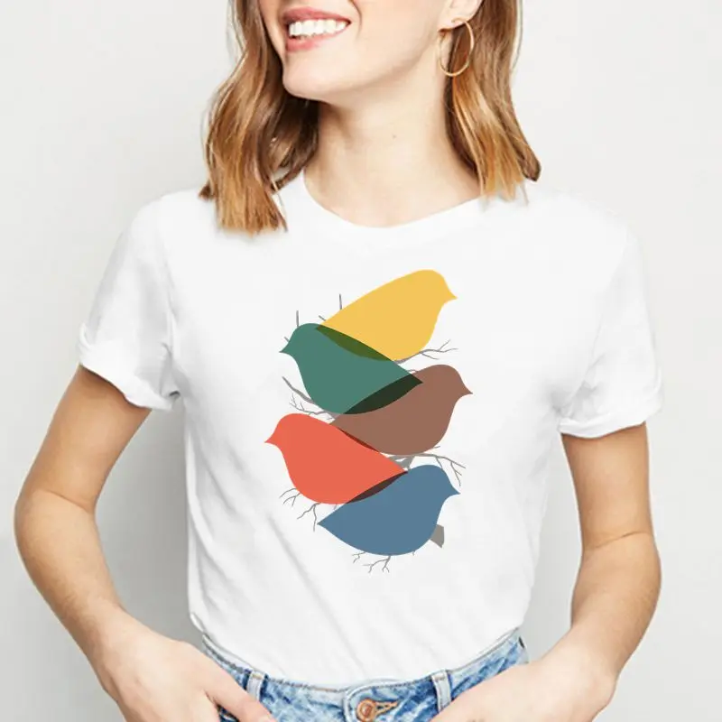 

Cartoons Geometric bird Print Women T Shirt New Summer Short Sleeve t-shirts Plus Size Tops Tees