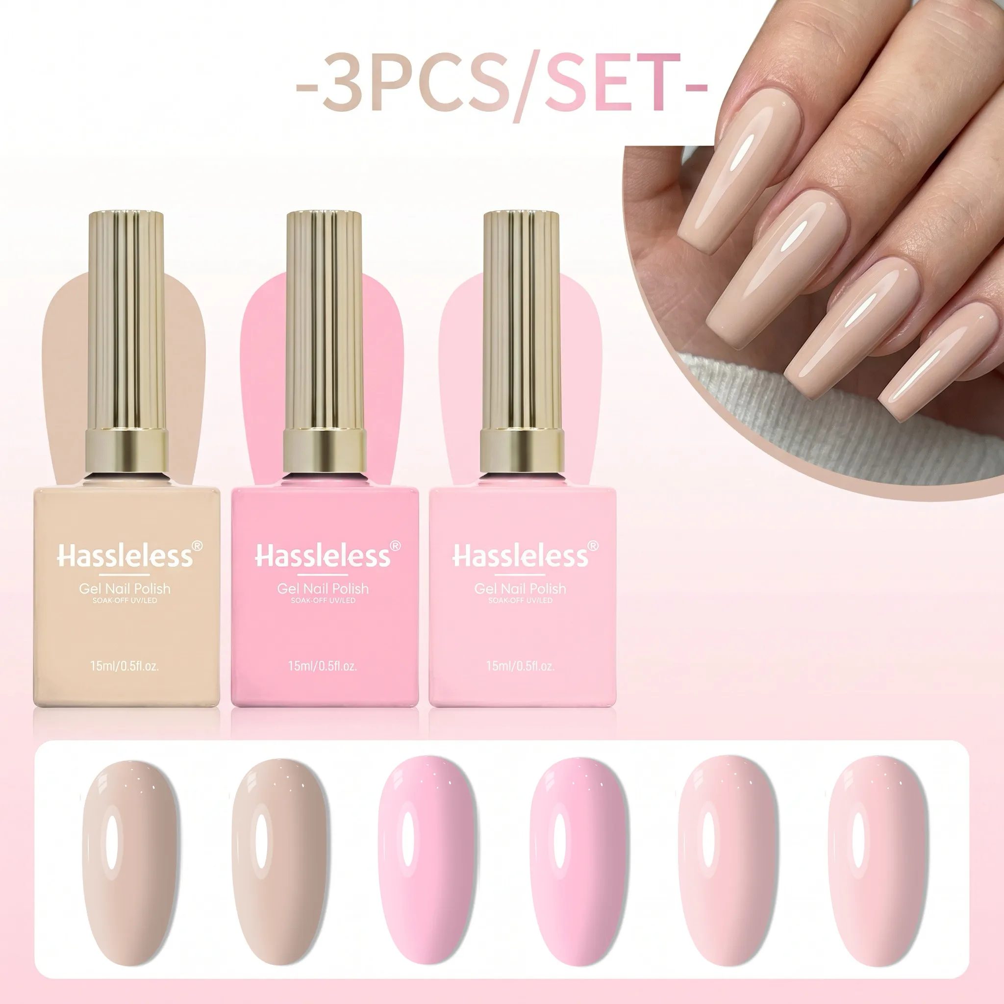 Hassleless 3-Piece/Set, 15ml, Gel Nail Polish Set, LED-Cured, Semi-Permanent, Removable, Glossy and Moisturizing, Salon Suitable