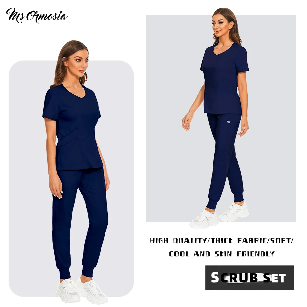 

Women Working Uniform Scrubs Set Nursing Uniforms Short Sleeve Scrub Top Blouse Loose Scrub Pants Trousers Nurse Medical Uniform