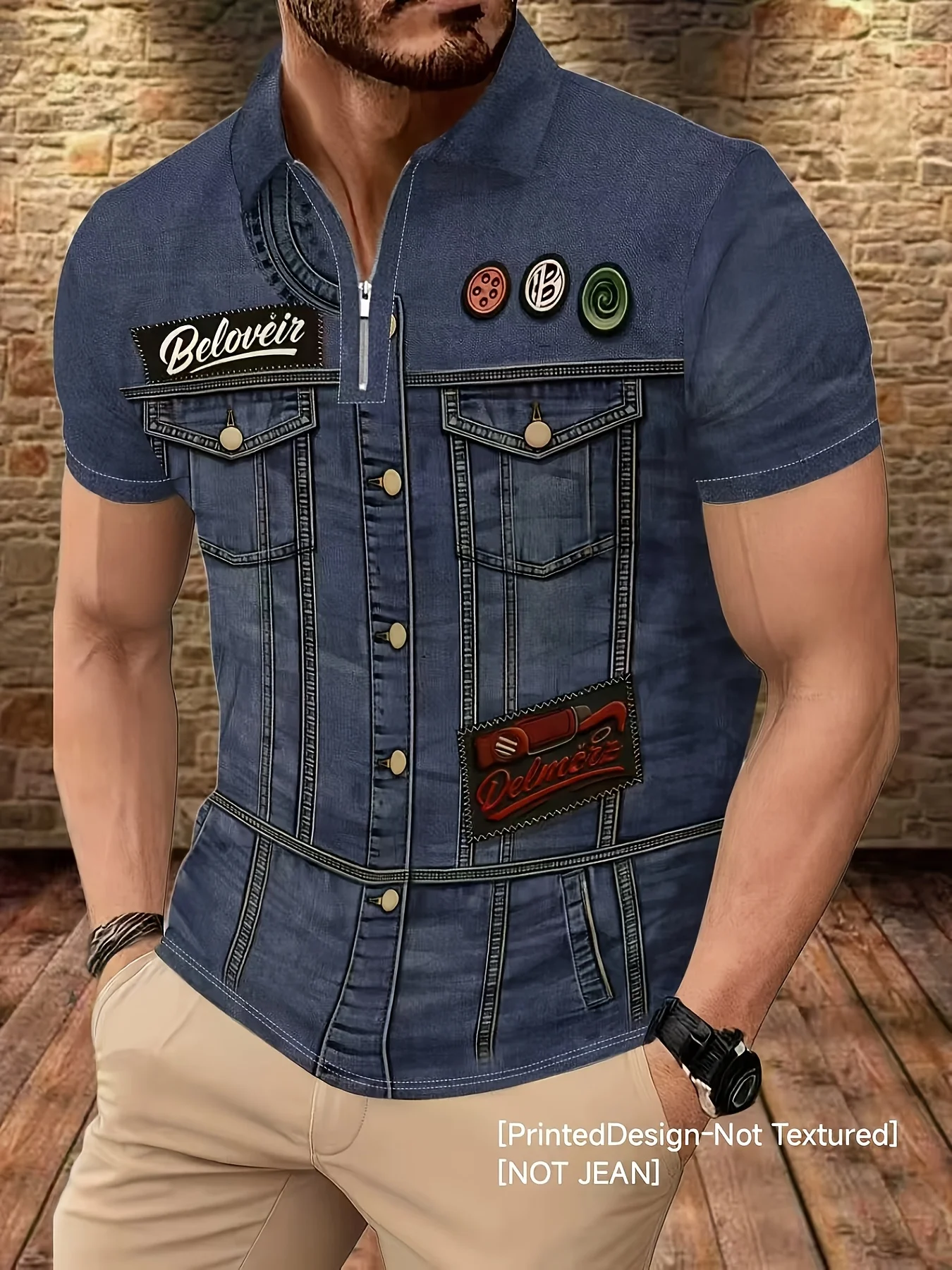 Tee Men Fake Denim Zip Collar Short Sleeve Polo Breathable Sport Daily Outdoor Versatile Soft Light Premium Slim Summer Top
