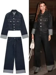 TRAFZA 2024 New Women Fashion Trousers Set Solid Denim Lapel Long Sleeves Coat Top + Commute Woman Wide Leg Long Pant Streetwear