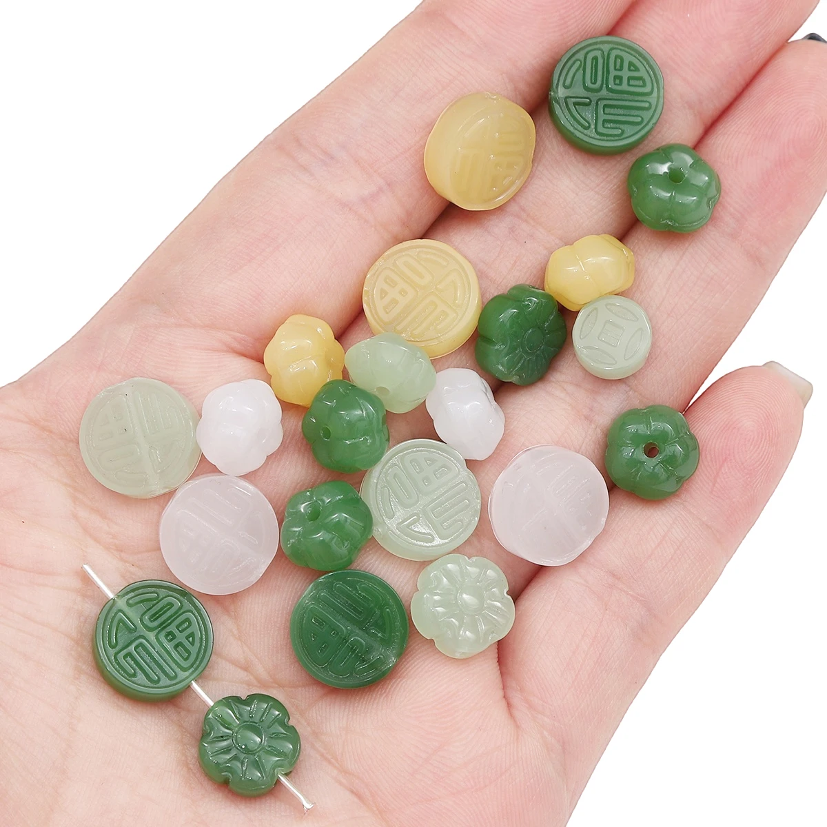 10pcs Glass Imitation Jade Beads Flat Pumpkin Copper Coin Fu Brand Plum Blossom Beads DIY Necklace Bracelet Clothing Accessories