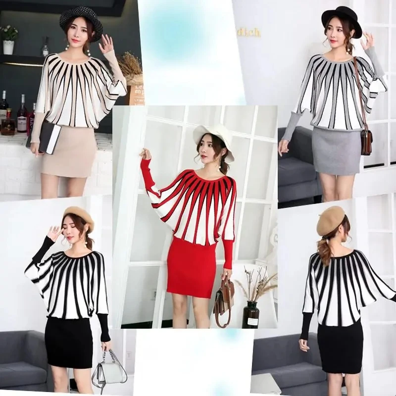 

2023 New Autumn/Winter Korean Loose Bat Shirt Medium Long Striped Sweater Women Wrap Hip Dress Fashion Large Knit Pullover