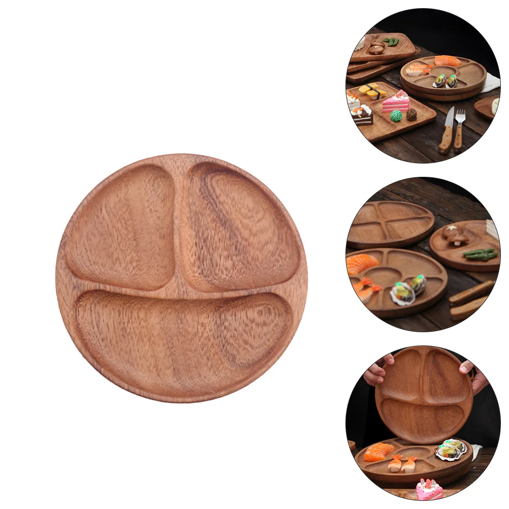 Wooden Dinner Plate 3 Sections Divided Trays Portion Control Food Dishes Dining Plates Household Tableware