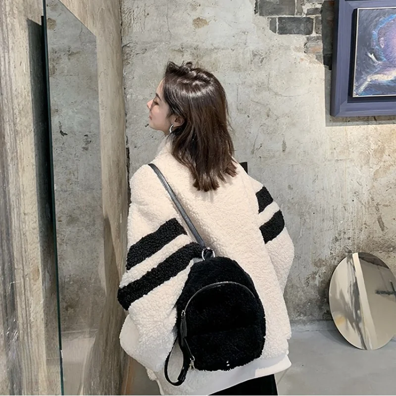 Autumn Winter Women Hooded Jacket Zip Up Street Shirt Coat Imitation Lamb Wool Loose Cardigan Sweater Y2k Clothes