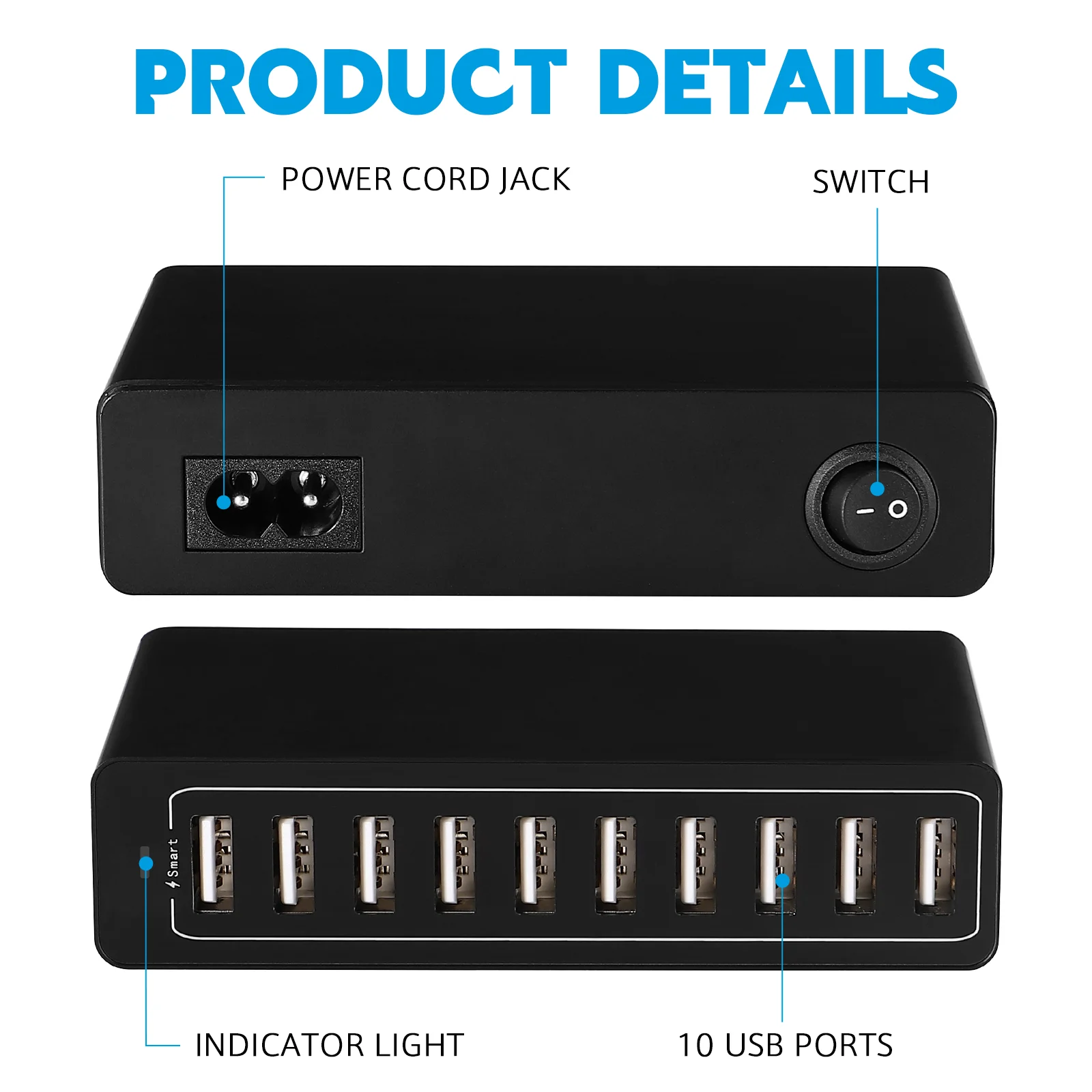 10-Port 60W USB Charging Station Multiple Devices 12000mA USB Fast Household Travel Portable USB Hub (