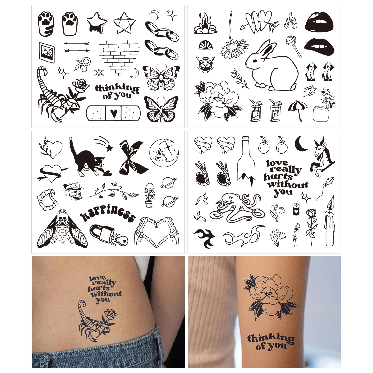 4pcs Waterproof Temporary Tattoo Stickers Flower Branch Bunny Butterfly Love Leaf Body Art Arm Fake Tattoos for Women Men