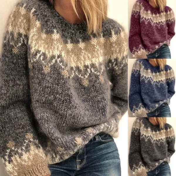 

New Fashion Women Autumn and Winter Casual Loose Mohair Coarse Long Sleeve Loose Knitted Jacquard Sweater